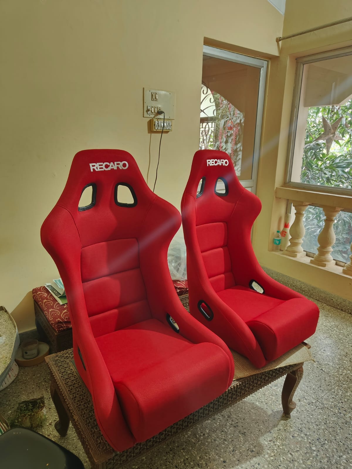 Pair of Classic Fiber Racing Bucket Seats in Track Red and Stealth Black